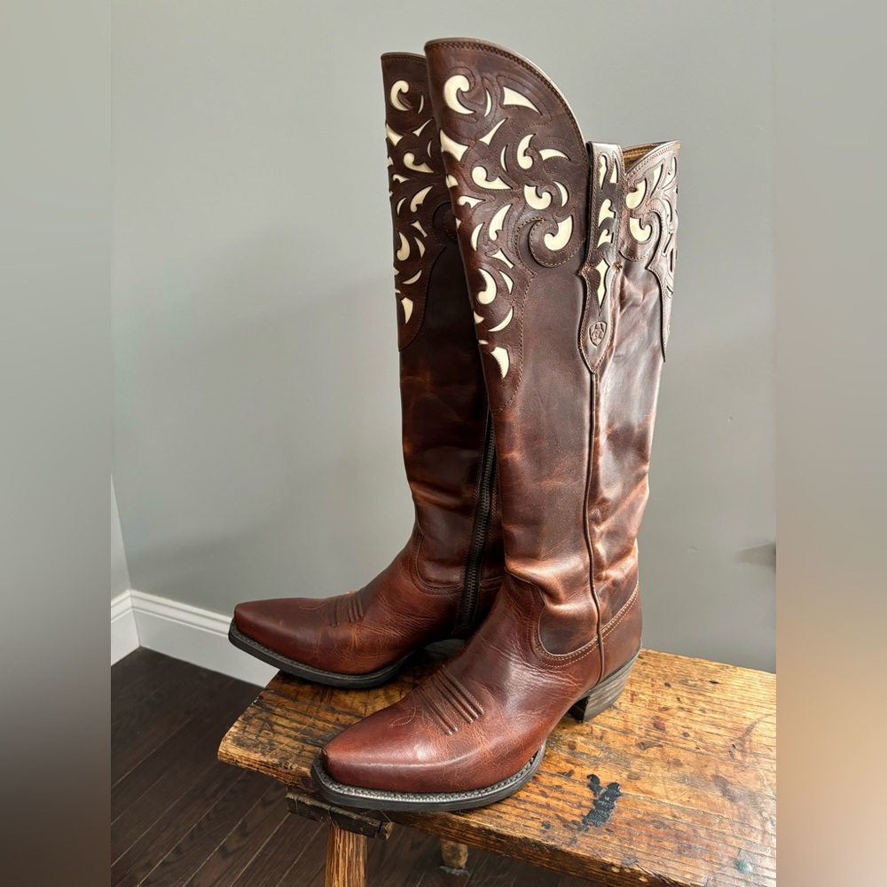 EUC ARIAT HACIENDA Equestrian Western Leather Brown Underlay Cowgirl Boots, 9